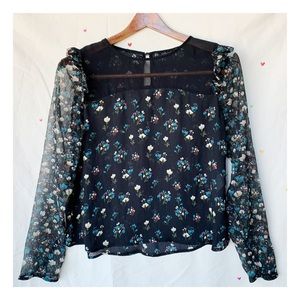 Z A R A Sheer Ruffle Dark Floral Print Blouse